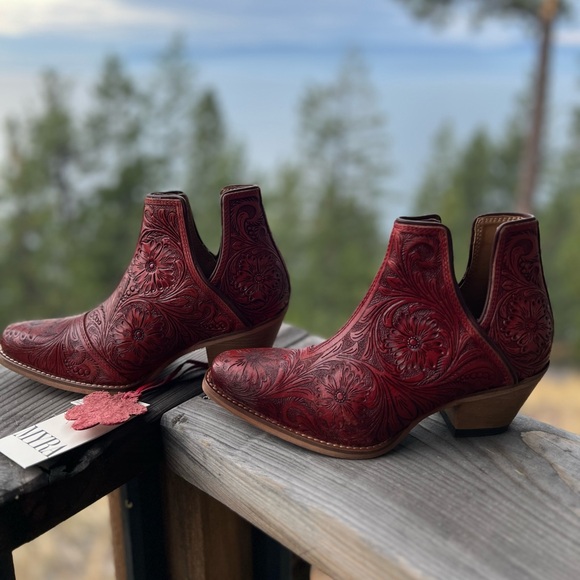 🌶️Scarlet Hand Tooled Genuine Leather Women Bootie Cowboy Boot Boho Western Red - Picture 16 of 16